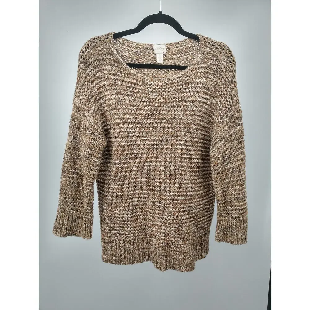 Chico's Sweater 2 L Textured Sherri Pullover‎ Marled Knit 3/4 Sleeve Neutral